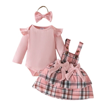 Splozh Tenue de 1re Noël pour Bébé Fille, Ensemble Jupe pour Bébé, Haut à Manches Longues Rayé pour Bébé Fille, Robe à Carreaux, Bandeau, Ensemble Trois Pièces Rose, 9-12 Mois