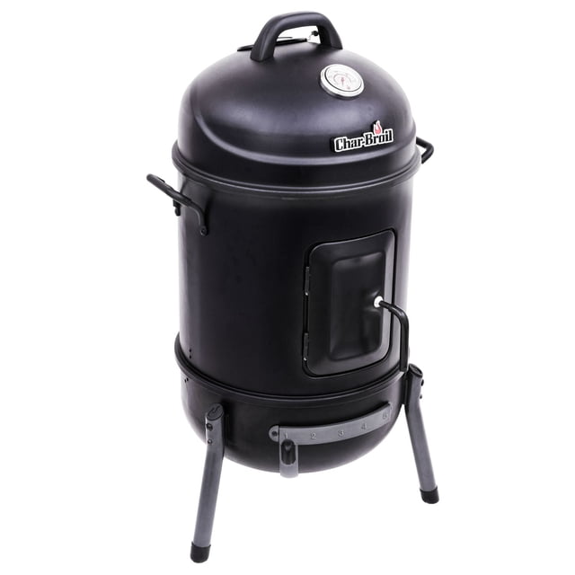 Char-Broil 16" Bullet Smoker with a durable porcelain-coated steel body and lid, featuring dual-carry handles, a lid-mounted temperature gauge, and an innovative airflow control system. The smoker includes 388 square inches of cooking space, two porcelain-coated cooking grates, a water pan, and a removable ash pan for easy cleaning. Designed for charcoal smoking, it stands on sturdy legs and is ideal for outdoor cooking.