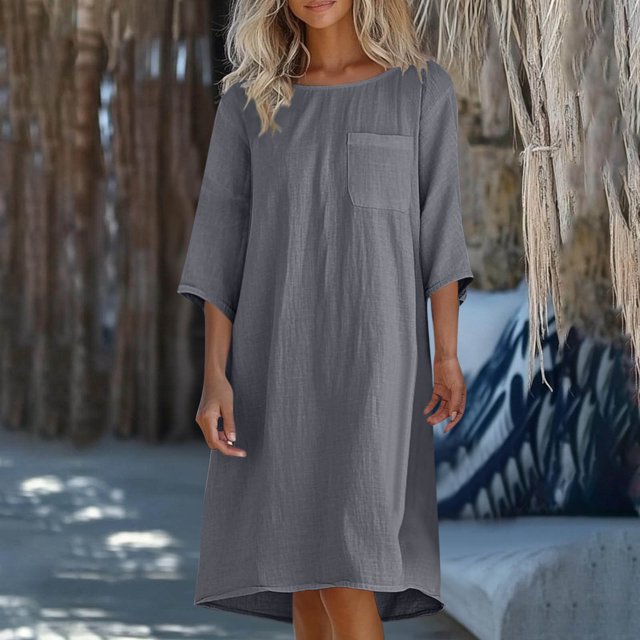 Ovzne Robes d'Été pour Femmes 2025 Robe Femme Mode Robe d'Été Décontractée pour Femmes Col Rond Manches 3/4 Unie Robes de Plage avec Poches Robe Grande Taille Liquidation