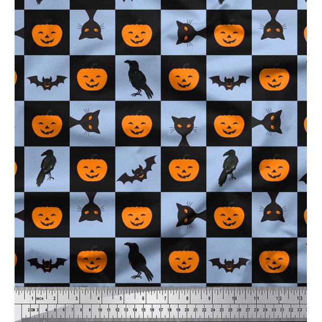 Soimoi Poly Georgette Fabric Pumpkin,Cat & Bat Halloween Print Fabric by Yard 42 Inch Wide