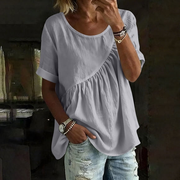 Soki Ruched Babydoll Tunic Top Ladies Crew Neck Short Sleeve Crinkle Fabric Casual Summer Blouse for Women