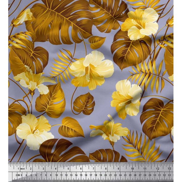 Soimoi Silk Fabric Floral & Leaves Tropical Decor Fabric Printed Yard 42 Inch Wide
