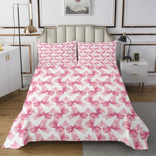 Erosebridal Bowknot Coverlet Set King for Teens, Glitter Ribbon Bedding Set, Princess Style Decor