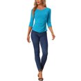 thumbnail image 2 of INSPIRE CHIC Women's V Neck 3/4 Sleeves Solid Knitted Buttons Decor Ruched Top Lake Blue M, 2 of 5