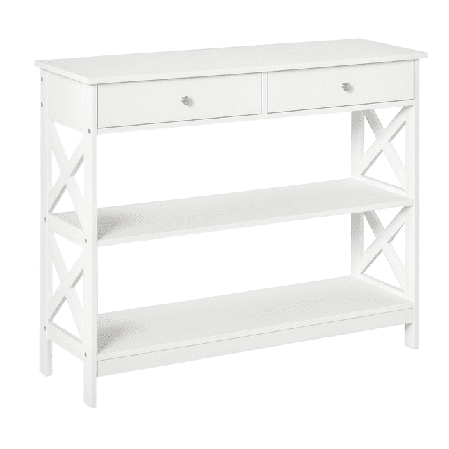 HOMCOM Console Table with shelves and drawers, crafted from white MDF with X-shaped side supports. Features two pull-out drawers with silver handles, two spacious shelves, and a large tabletop for storage and display. Suitable as accent furniture for living rooms, entryways, or bedrooms.