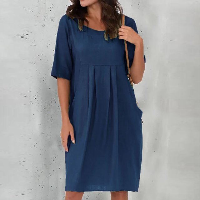 Robes en Coton et Lin Grande Taille pour Femmes à Manches Courtes d'Été, Robe Midi Plissée avec Poches