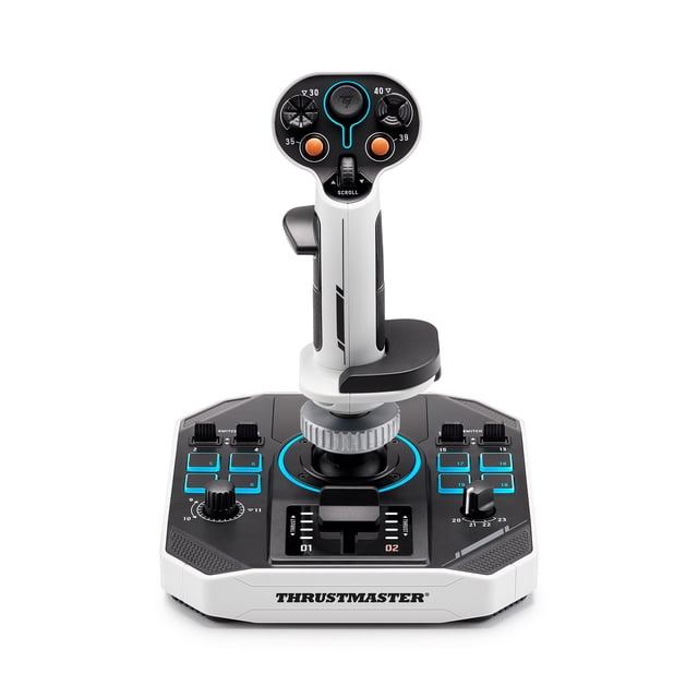 Thrustmaster Sol-R 1 Flightstick with a white and black base featuring 21 action buttons, dual triggers, hat switches, and a central throttle, illuminated with blue RGB lighting, plus an ambidextrous joystick grip with orange buttons and a scroll wheel, designed for precise drone remote control and space combat on PC.