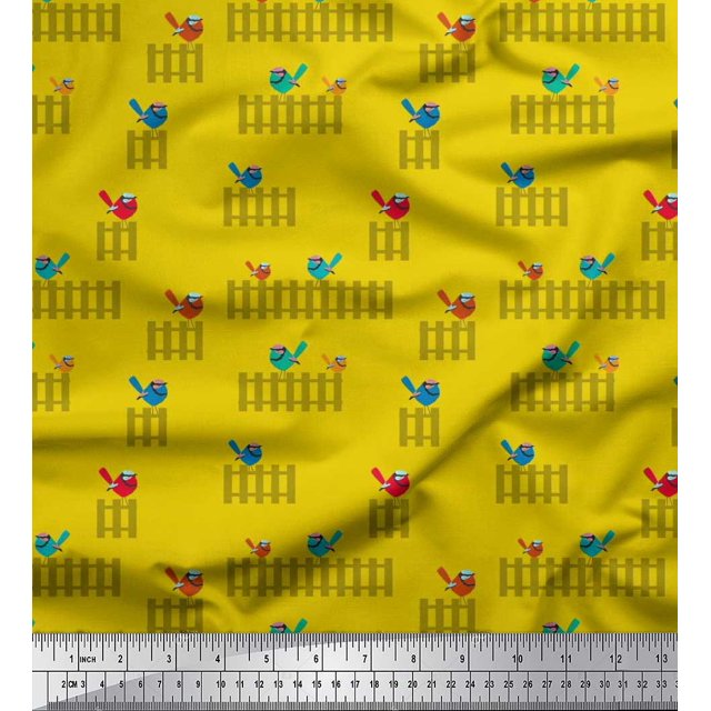 Soimoi Rayon Fabric Picket Fence & Bird Artistic Fabric Prints By Yard 56 Inch Wide