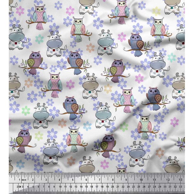 Soimoi Rayon Fabric Floral,Owl & Cow Cartoon Printed Fabric 1 Yard 42 Inch Wide