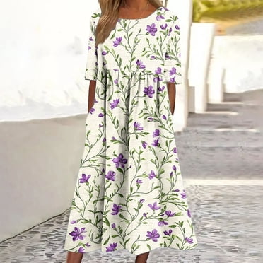 Weiqiqre Dresses for Women Elegant Classy Ladies Trendy Short-Sleeve Fashion with Pocket Beach Summer Women's Swing Floral Print Dresses