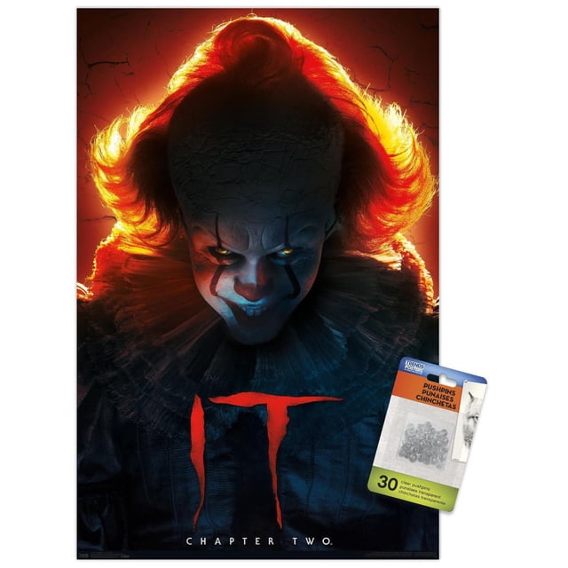 IT: Chapter 2 - Evil Glow Wall Poster, 22.375" x 34", depicts a dark figure with cracked forehead texture and glowing red-orange hair halo, wearing a ruffled collar and dark costume, with bold red 'IT' title and 'Chapter Two' text below, printed on glossy paper with included clear pushpins for easy hanging.