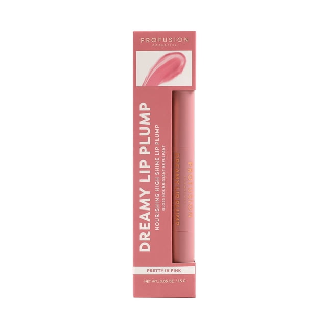 PROFUSION COSMETICS Dreamy Lip Plump in Pretty in Pink, a nourishing high-shine lip plumper with a twist-style applicator in soft matte pink packaging, infused with hyaluronic acid and vitamin E for fuller, smooth lips and a non-sticky glossy finish.