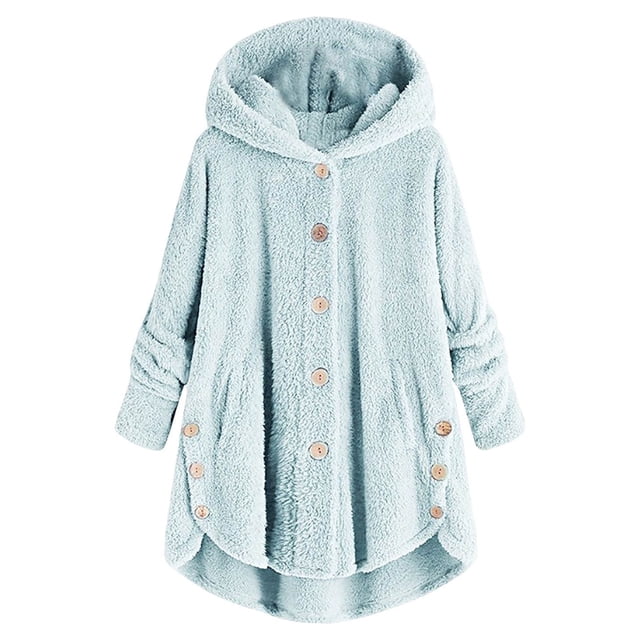 Qertyioot Women Plus Size Button Plush Tops Hooded Loose Cardigan Wool Coat Winter Jacket