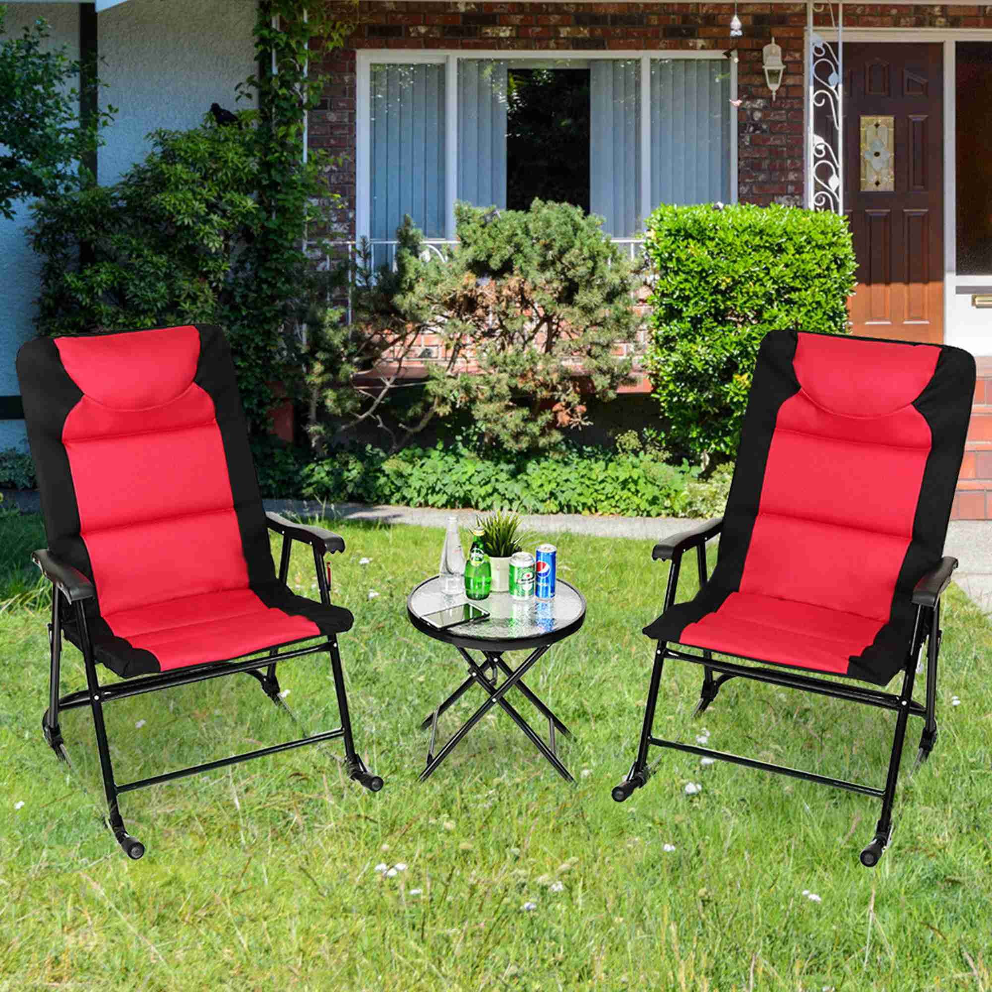 Costway 3pcs Outdoor Folding Rocking Chair Table Set Bistro Sets Patio Furniture Red