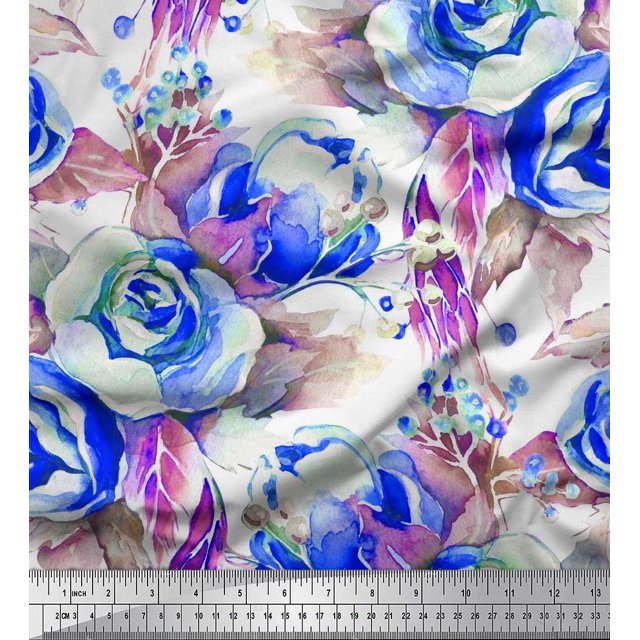 Soimoi Tissu Poly Georgette Feuilles & Roses Imprimé Tissu d'Artisanat au Mètre 52 Pouces de Large