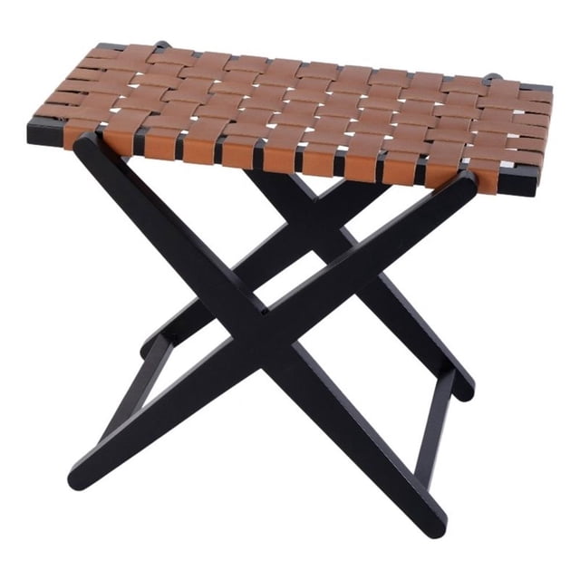 Beaumont Lane Mid in Century 24"W Wood & Leather Luggage Rack in Brown