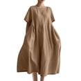 thumbnail image 1 of Robes Caftans en Coton et Lin pour Femmes Grande Taille à Manches Courtes Amples et Larges Robe Maxi Plissée à Volants Longue Robe Kaki, 5TG, 1 of 3