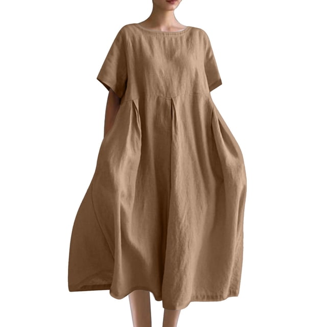 Robes Caftans en Coton et Lin pour Femmes Grande Taille à Manches Courtes Amples et Larges Robe Maxi Plissée à Volants Longue Robe Kaki, 5TG