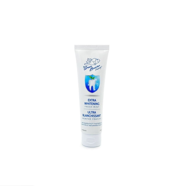 Green Beaver Naturapeutic Extra Whitening Toothpaste (Fresh mint), 100 ml white tube with blue tooth and mint leaf emblem, formulated with papaya extract and xylitol for natural whitening, cavity prevention, and fresh breath, suitable for sensitive teeth.