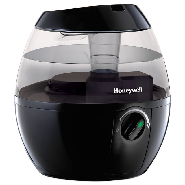 Honeywell HUL520BC MistMate™ ultrasonic cool mist humidifier with black base and clear water tank, featuring a front moisture control knob, filter-free operation, and Honeywell logo, ideal for small rooms with quiet, variable moisture output.
