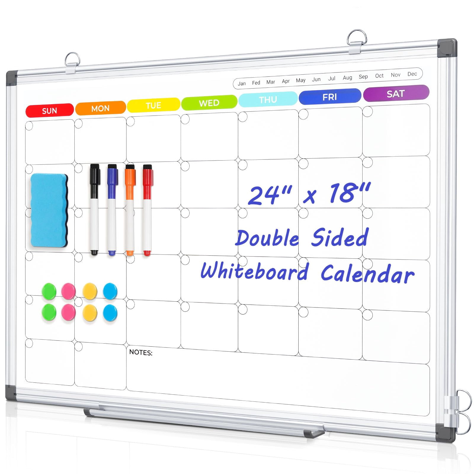 AMUSIGHT Dry Erase Board Calendar for Wall, 24" x 18" Magnetic Whiteboard Calendar, Colorful Monthly Calendar Whiteboard, Double-Sided Hanging Aluminum Frame White Board