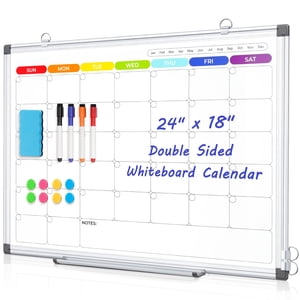 AMUSIGHT Calendrier des panneaux d'effacement pour le mur, 24" x 18" Calendrier magnétique de tableau blanc, calendrier mensuel coloré Tableau blanc, suspension double en aluminium cadre panneau blanc