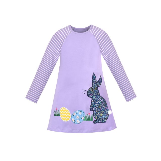 Girls Dress Purple Easter Egg Bunny Embroidery Stripe Raglan Sleeve 5 Years