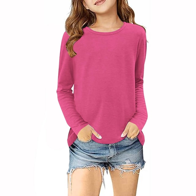 MeetoTime Girls Long Sleeve Tops Crewneck Solid Color Dressy Tunic Tops Children's Pullover Undershirt