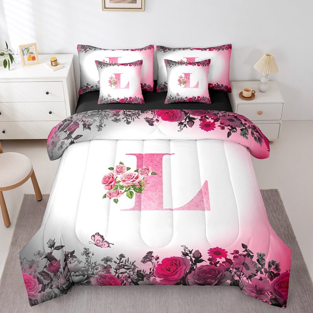 Erosebridal Literie Initiale à Motifs Floraux Format Grand Lit, Ensemble de Literie Papillon et Fleurs Format Grand Lit, Déco de Chambre pour Ados, Réversible, Léger, 7 Pcs