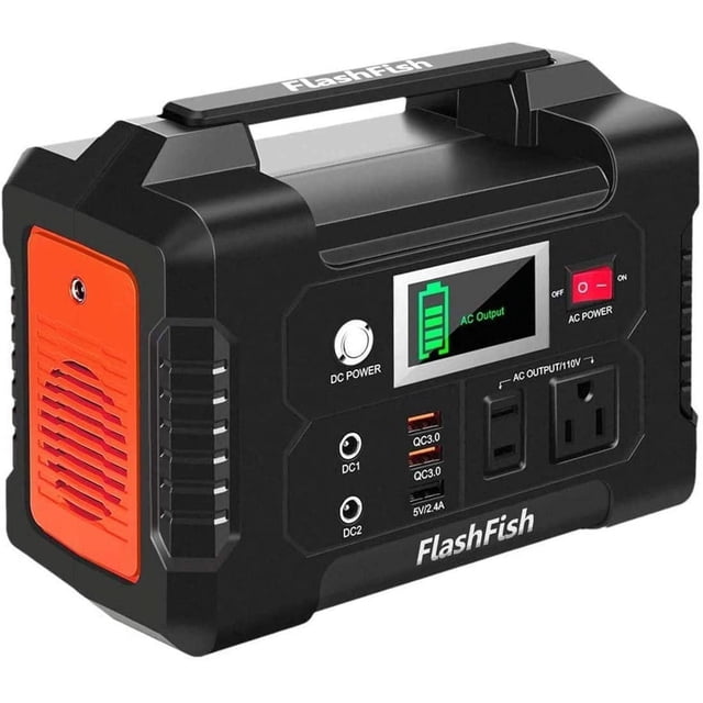 Flashfish 200W Portable Power Station, model E200, featuring a compact black and orange design with a soft handle. The front panel includes an LCD display showing battery status, AC/DC control buttons, two 110V AC outlets, multiple USB and DC outputs, and ventilation grills. Ideal for camping, travel, and emergency use, this 151Wh lithium-ion solar generator offers quiet operation and versatile recharging options, including wall adapter, car charger, and solar panel (sold separately).