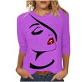 thumbnail image 1 of Penkiiy Hauts pour Femmes Mode Femmes T-shirt Imprimé Mi-Long Manches 3/4 Blouse Col Rond Hauts Décontractés Violet Vêtements Y2K, 1 of 4