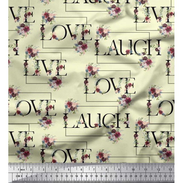 Soimoi Modal Satin Fabric Floral Love Text Printed Fabric 1 Yard 42 Inch Wide