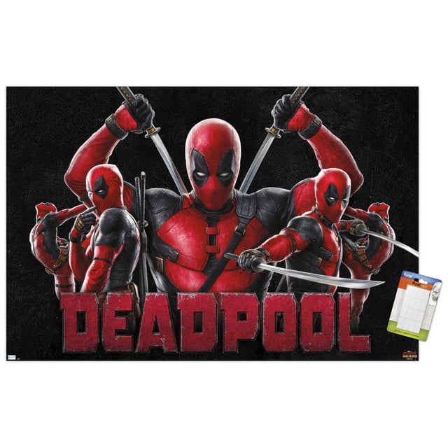 Marvel Deadpool & Wolverine - Affiche Murale Deadpool, 14,725 Po x 22,375 Po Encadrée Présentant Plusieurs Personnages Deadpool en Costumes Rouges et Noirs Tenant des Épées dans des poses Dynamiques sur un Fond Noir Texturé avec Grand Texte Rouge « Deadpool » Usé, Idéale pour la Déco Murale de Chambre Ou de Bureau.