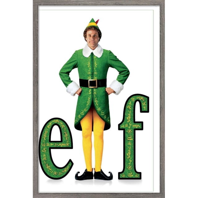 Elf - Affiche Murale d'Une Feuille, 22,375 Po x 34 Po Représentant une Figurine dans un Manteau Elf Vert avec Garniture en Fourrure Blanche, Ceinture Noire avec Boucle Dorée, Collants Jaunes et Chaussures Noires Frisées Se Tenant entre de Grandes Lettres Décoratives Vertes et Dorées « e » et « f » sur un Fond Blanc Encadré en Bois Clair, Idéal pour une Oeuvre Murale festive dans les Chambres Ou les Bureaux.