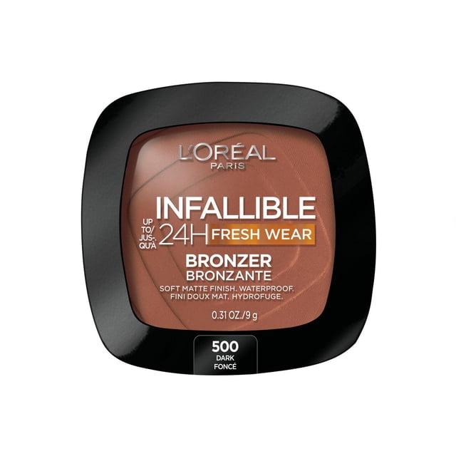 Infallible Soft Matte Powder Bronzer by L'Oréal Paris in shade 500 Dark, compact black square case with clear window showing warm brown matte bronzer, offers 24-hour fresh wear with waterproof, soft matte finish, 0.31 oz/9 g, ideal for contouring or adding sun-kissed warmth.