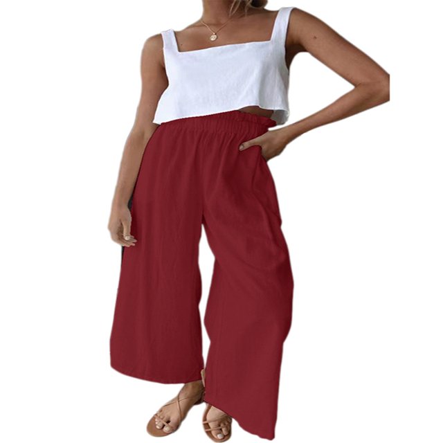Women Ruffled Wide-leg Pants Summer Casual Loose High Waist Solid Color Trousers
