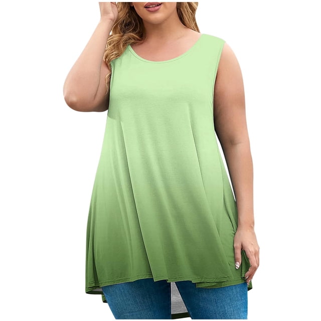 fatyb Plus Size Womens Tank Tops Gradient Color Sleeveless Flowy Tunic Casual Crew Neck Loose Blouses