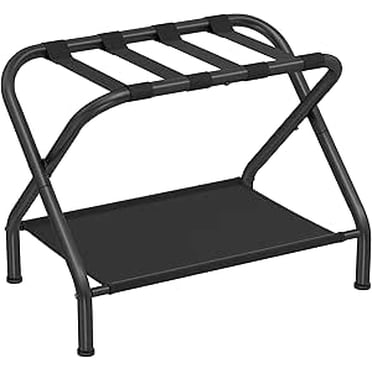 SONGMICS Luggage Rack, Suitcase Stand with Fabric Storage Shelf, Holds up to 110 lb, 27.2 x 15 x 20.5 Inches, Black