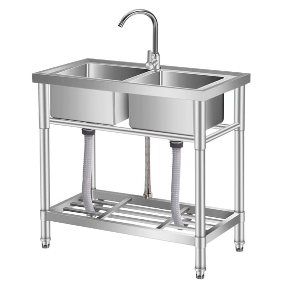 BeesClover Stainless Steel Utility Sink with Workbench, Rack, Faucet & Hot & Cold Water Plumbing for Laundry Room, Kitchen, Garage, Workshop, Outdoor Use, Deep Basin