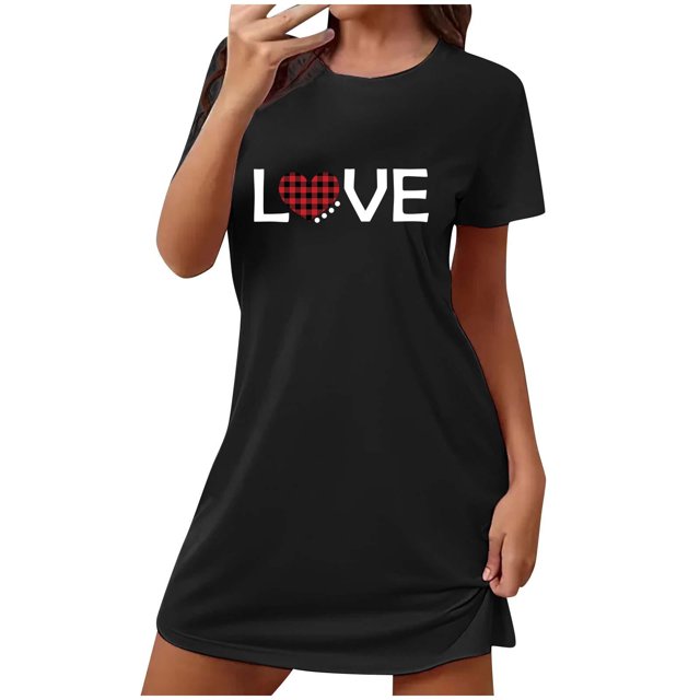 Pyjama en Satin Femmes Chemises de Nuit pour Femmes Manches Courtes Chemises de Nuit pour Dormir Nuisette à Enfiler Douce Mignonne Imprimée Robe de Nuit Robes pour Femmes Tenue de Nuit Robe de Pyjama Noir TTG