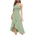 thumbnail image 1 of Robes de Cocktail Formelles pour Femmes Été Ourlet à Volants Invitée de Mariage Robes de Soirée Col Croisé Licou Asymétrique Robe de Fête Vert, 2TG, 1 of 7