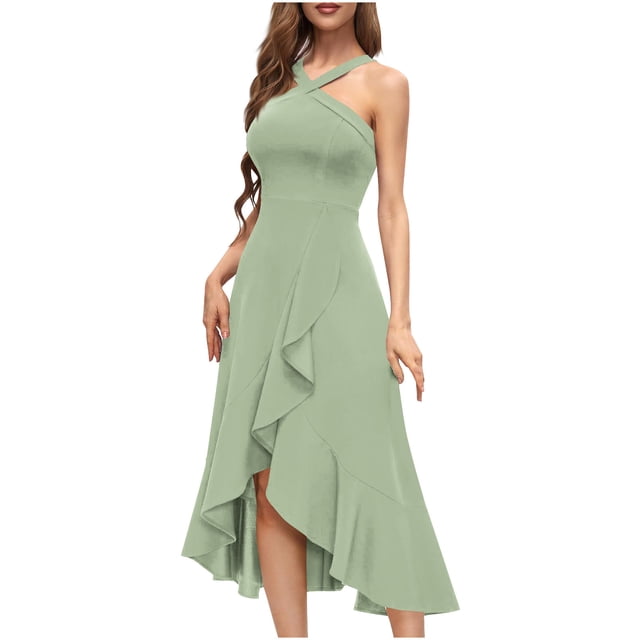 Robes de Cocktail Formelles pour Femmes Été Ourlet à Volants Invitée de Mariage Robes de Soirée Col Croisé Licou Asymétrique Robe de Fête Vert, 2TG