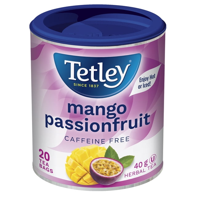 Tetley Mango Passionfruit Herbal Tea container with 20 caffeine-free tea bags, 40 g weight, featuring mango and passionfruit images on a purple and white label with a blue lid, suitable for hot or iced tea and often used for refreshing fruit-infused beverages.