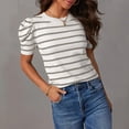 thumbnail image 2 of Birdeem Hauts en Tricot à Manches Courtes Bouffantes pour Femmes T-Shirts à Col Rond Rayés Tendance Blouses d'Été Décontractées, 2 of 12