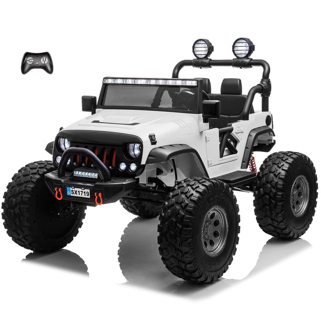 VOLTZ TOYS Lifted Monster Jeep Style 24V 2-Seater Kids Ride-On Off-Road Car Truck, 4WD Motorized Toy Vehicle with Parent Remote Control, Leather Seat, EVA Tires, White