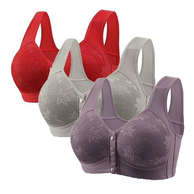 Yanlir 3PCS Bras for Women's No Underwire Wireless Bras Front Button Design Push Up Full Coverage Adjustable Straps U Shaped Back Comfortable Everyday Bra(Gray#2,M)