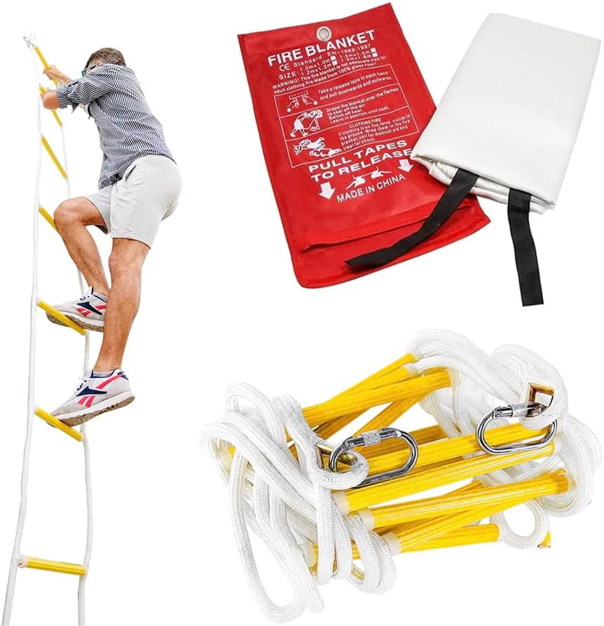 Emergency Escape Rope Ladder 3 Storey 25ft (8m) + Fireproof Blanket 47 * 70 in for Home/Life Saving Equipment for Family