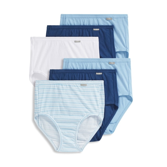 Jockey Culotte Elance pour Femmes - Lot de 6 Présentant des Culottes pour Femmes à Taille Haute et Couvrance Totale en Coton Peigné à 100 %, Filé à l'Anneau pour un Confort Respirant. Comprend des Ceintures Recouvertes de Tissu Doux et des Ouvertures de Jambe pour un Confort Accru. l'Ensemble Met en Valeur une Variété de Couleurs, Incluant des Motifs Blanc Uni, Bleu Marine, Bleu Pâle et Bleu Pâle à Rayures.