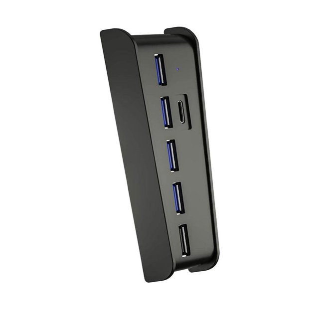 Plug and Play 6 Ports Extend USB Hub Adapter High Speed Splitter for PS5, featuring 4 USB 2.0 ports, 1 USB A charging port with 900mA output, and 1 USB Type-C 3.1 high-speed port. Designed for PS5 and PS5 Digital Edition consoles, this black ABS hub supports multiple devices simultaneously with stable, high-speed transmission. Compact and easy to use with plug-and-play functionality.