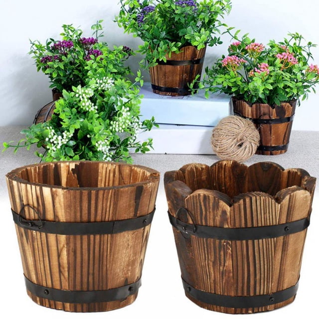 Small Wooden Bucket Barrel Planters – Rustic Flower Planters Pots Boxes Container with Drainage Holes for Indoor Home Decor Small Plants Brown 1pc